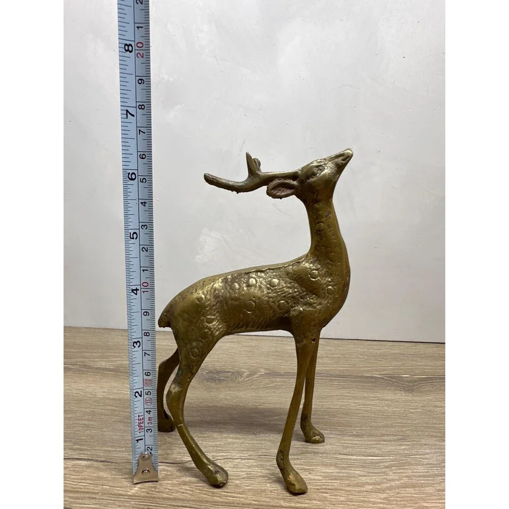 Vintage MCM Solid Brass Spotted Deer Figurine, Christmas Reindeer Decor, 6.5x5 I